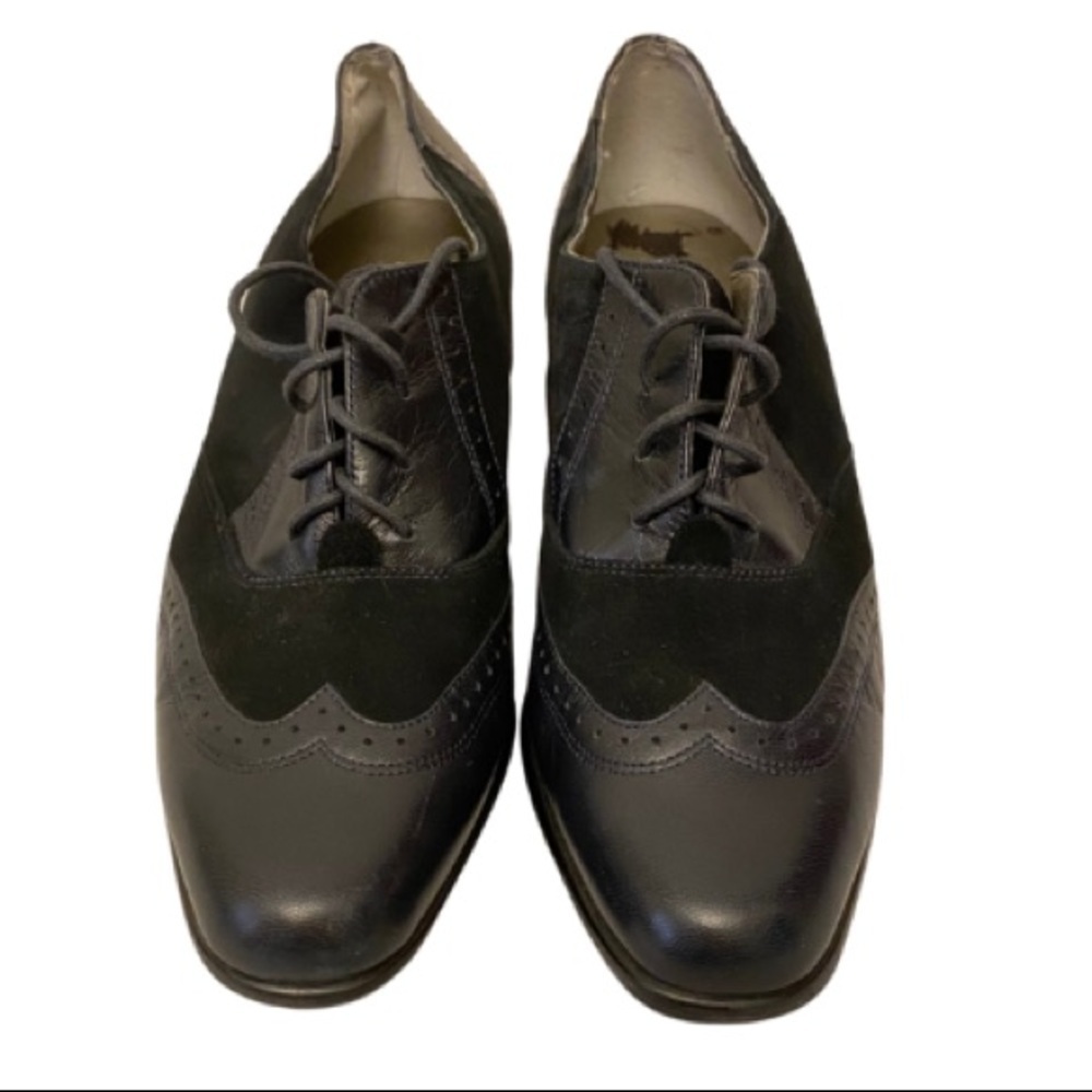 ROS HOMMERSON 7.5 Narrow Wingtip Leather Pumps Chunky Block Heels Academia